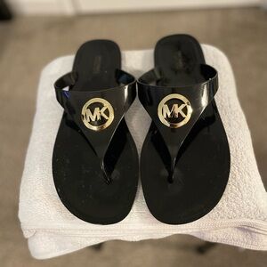 Michael Kors Glossy Black Sandals with Gold Logo